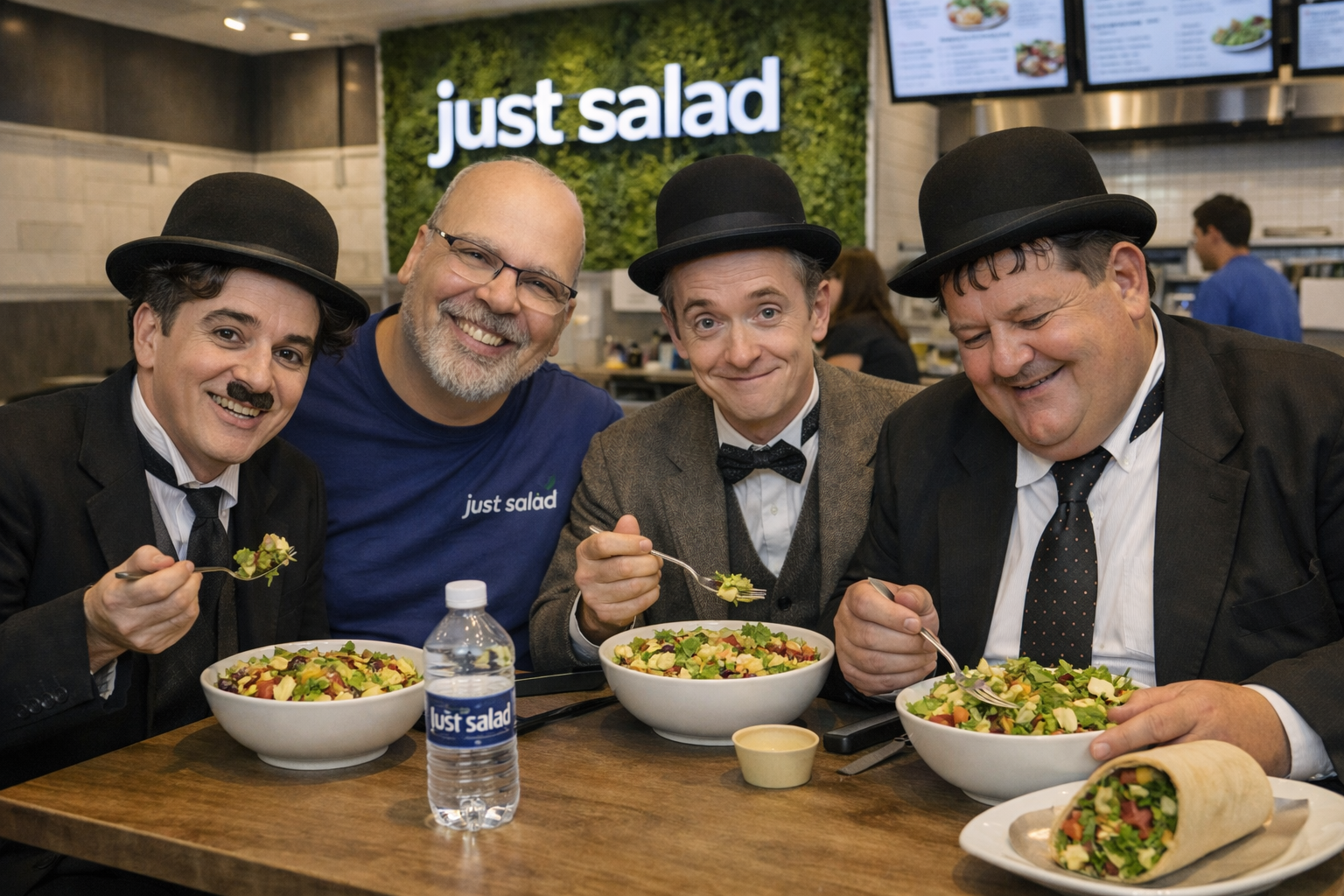 Photo avec Charlot et Laurel et Hardy chez Just Salad